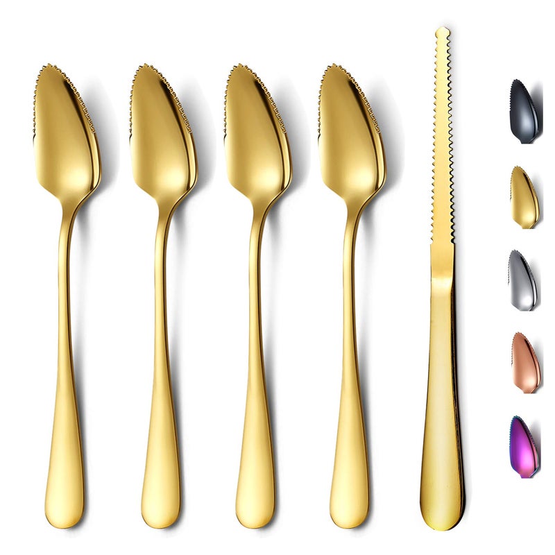 Gold Grapefruit Spoons 5 Pieces Set 4 Stainless Steel Grapefruit Spoon And 1 Grapefruit knife With Titanium Plating Grapefruit Utensil Set Serrated Edges Spoon pack of 5 Gold