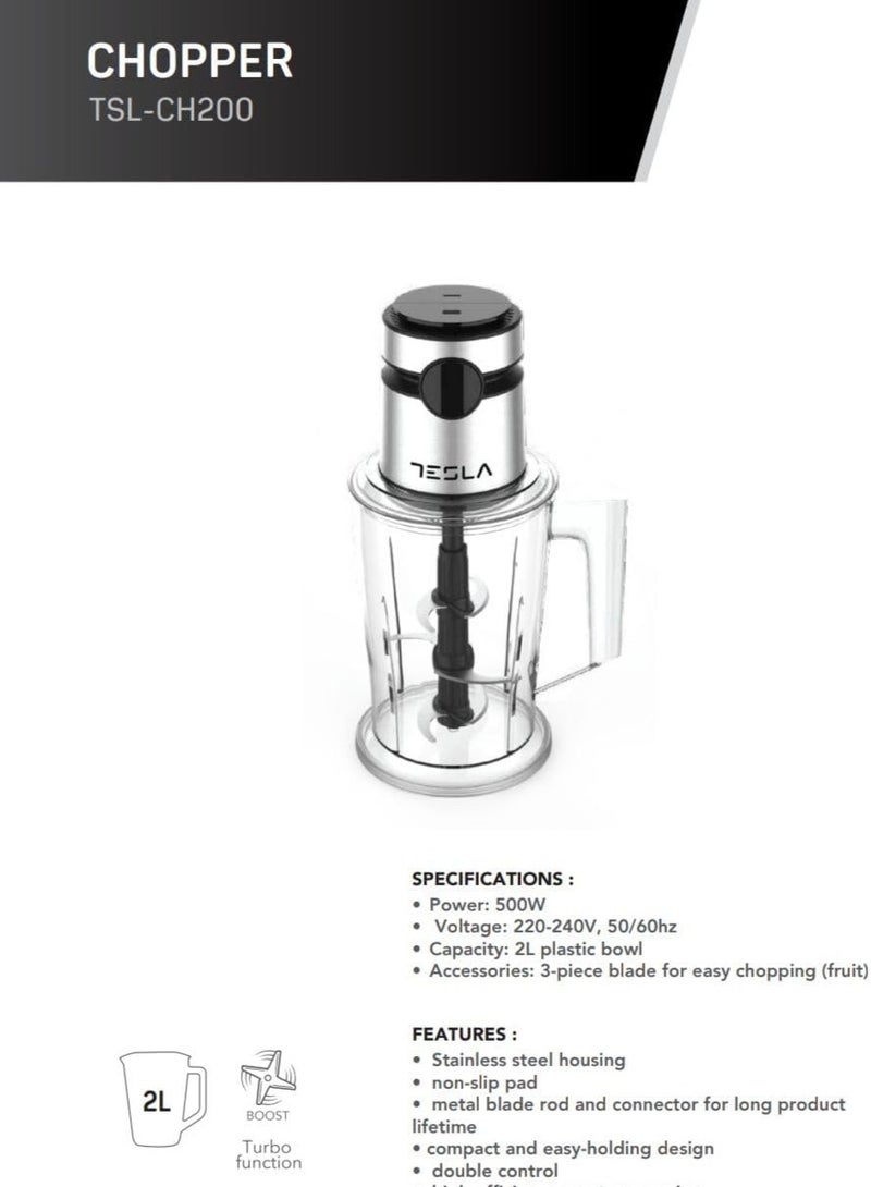 تسلا قطاعة طعام تسلا TSL-CH200 - بقوة 500 واط ، وعاء بلاستيك سعة 2 لتر ، شفرات ثلاثية من الاستانلس ستيل ، تصميم مدمج ، خاصية التربو ، لتحضير اللحوم والخضروات والفواكه - Image 2