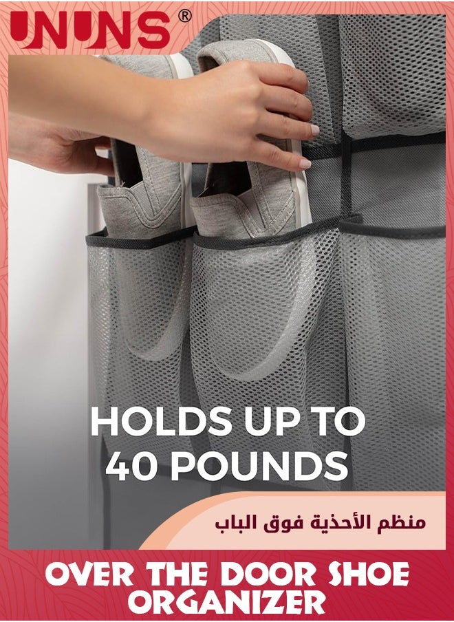 منظم أحذية فوق الباب، منظم أحذية قوي موفر للمساحة 24 جيبًا، يحمل ما يصل إلى 40 رطلاً، يتم تعليقه خلف جيب شبكي كبير مسامي، حامل علبة خزانة، رمادي