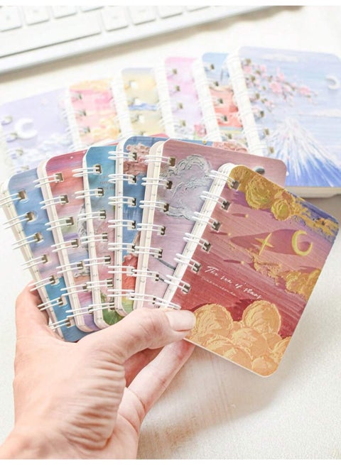 4-Pack A7 Spiral Notebooks – 60 Sheets / 120 Pages Each, Thick Lined Paper, Durable 360° Binding, Oil Painting-Inspired Covers with Starry Sea & Spring Peach Styles – Vintage Aesthetic Journals for School, Office, or Gift Use