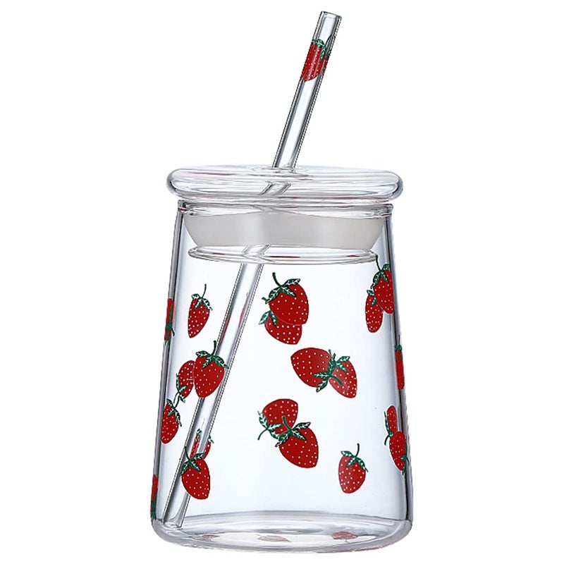 JHNIF 18 Oz Lovely Strawberry Clear Glass Tumbler with Lid and Straw