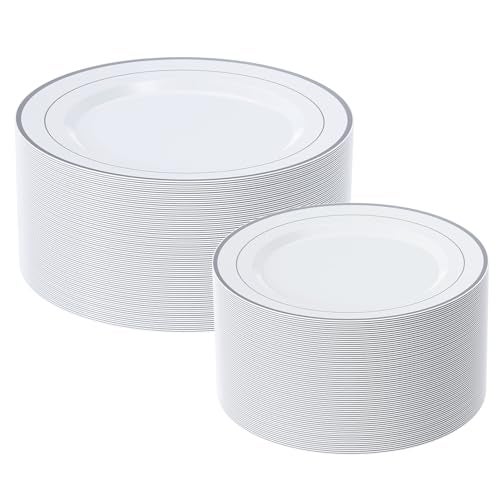 FOCUSLINE Silver Plastic Plates Set of 60, Disposable Plates with Silver Rim 30 Dinner Plates 10" and 30 Salad Dessert Appetizer Plate 7", Elegant Fancy Heavy Duty Wedding Party Plates - Image 1