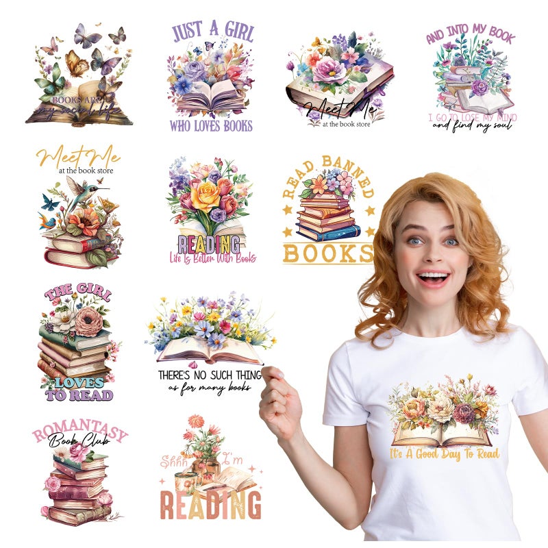 Wxiben Book Dtf Transfers Ready to Press - Wxiben 12 Sheets Book Lover Iron on Transfers for Tshirts Vintage Flowers DTF Heat Transfer Vinyl Stickers Bookish Iron on Decals for Clothing T Shirts Hoodie DIY - Image 1