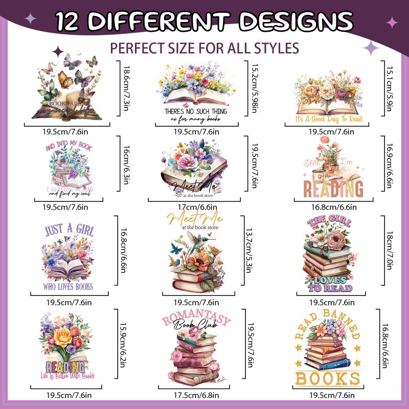 Wxiben Book Dtf Transfers Ready to Press - Wxiben 12 Sheets Book Lover Iron on Transfers for Tshirts Vintage Flowers DTF Heat Transfer Vinyl Stickers Bookish Iron on Decals for Clothing T Shirts Hoodie DIY - Image 2