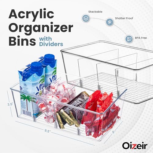 Oizeir Clear Pantry Organizer Bins (4PK) - Fridge Organizer with 3 Removable Dividers - Kitchen Pantry Organizers & Storage - Storage Cabinet Snack - Image 2