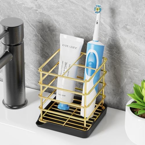 Chintu Toothbrush Holders for Bathrooms, Stainless Steel Toothbrush Holder Kids Electric 3 Slots Tooth Brushing Holder Stand and Toothpaste Holder for Bathroom Accessories Organizer with Tray, Gold - Image 2