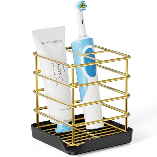 Chintu Toothbrush Holders for Bathrooms, Stainless Steel Toothbrush Holder Kids Electric 3 Slots Tooth Brushing Holder Stand and Toothpaste Holder for Bathroom Accessories Organizer with Tray, Gold - Image 1