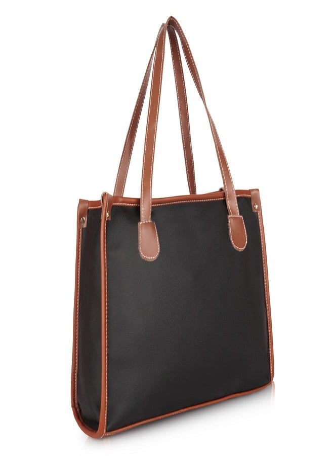 DANIEL CLARK Professional Two-Tone Leather Tote Bag, Black with Brown Trim, Double Handle Design, Large Capacity Shoulder Bag (Black) - Image 1