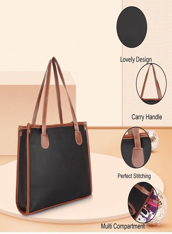 DANIEL CLARK Professional Two-Tone Leather Tote Bag, Black with Brown Trim, Double Handle Design, Large Capacity Shoulder Bag (Black) - Image 2