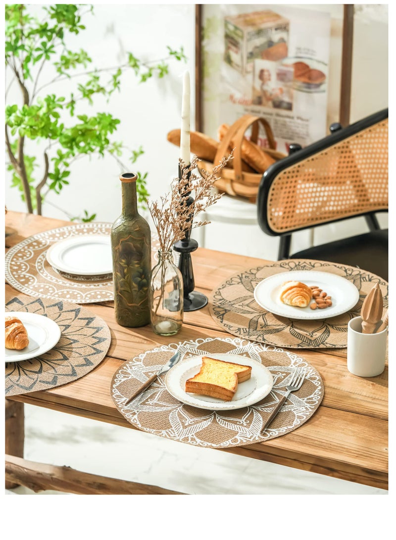 Set of 6 Boho Round Placemats for Dining Table Washable Heat Resistant PVC Placemats Outdoor Table Mats Jute Retro Table Decor Vintage Coffee Bar Mat Waterproof Dining Mat Bohemian Style  - Image 3