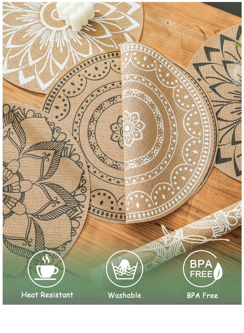 Set of 6 Boho Round Placemats for Dining Table Washable Heat Resistant PVC Placemats Outdoor Table Mats Jute Retro Table Decor Vintage Coffee Bar Mat Waterproof Dining Mat Bohemian Style  - Image 2