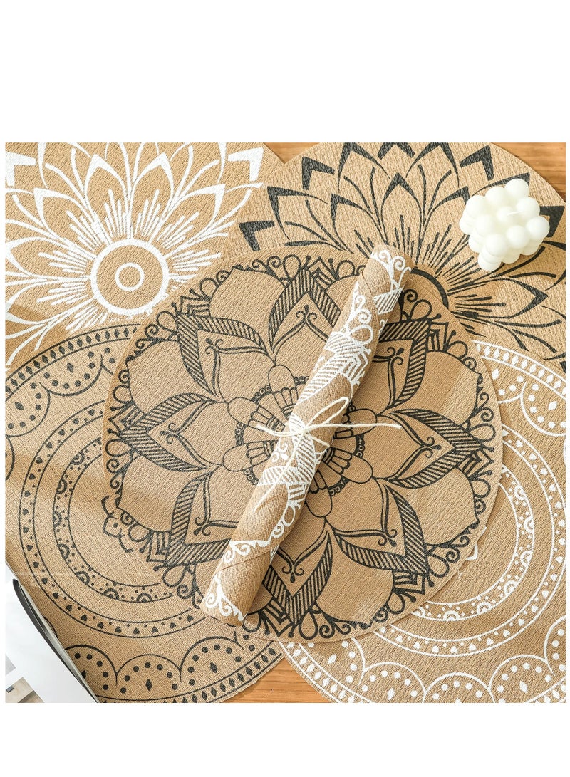 Set of 6 Boho Round Placemats for Dining Table Washable Heat Resistant PVC Placemats Outdoor Table Mats Jute Retro Table Decor Vintage Coffee Bar Mat Waterproof Dining Mat Bohemian Style  - Image 5