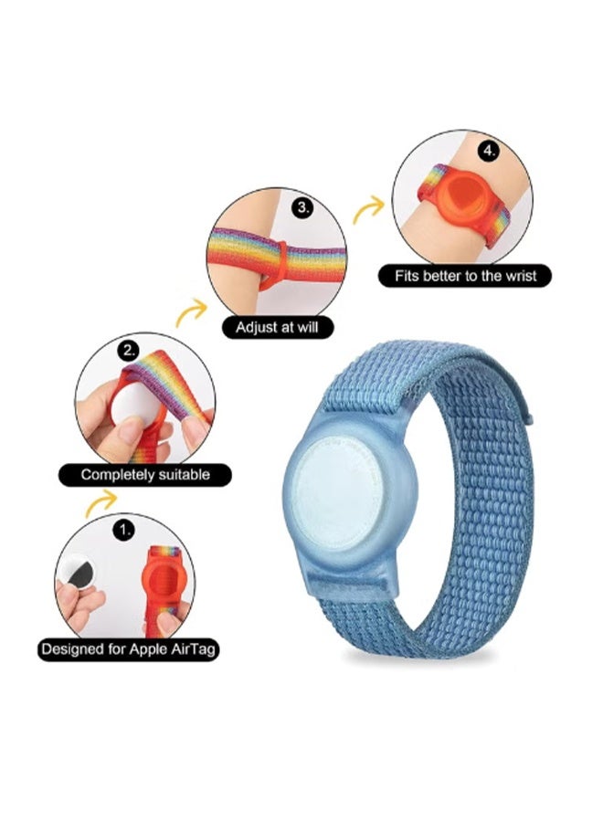 YJ 2 Pack AirTag Bracelet for Kids, Apple AirTag Case with Nylon Wristband, Anti-Lost GPS Tracker Case for Toddlers, Girls, Boys and Seniors Blue & Rainbow Colors - Image 4