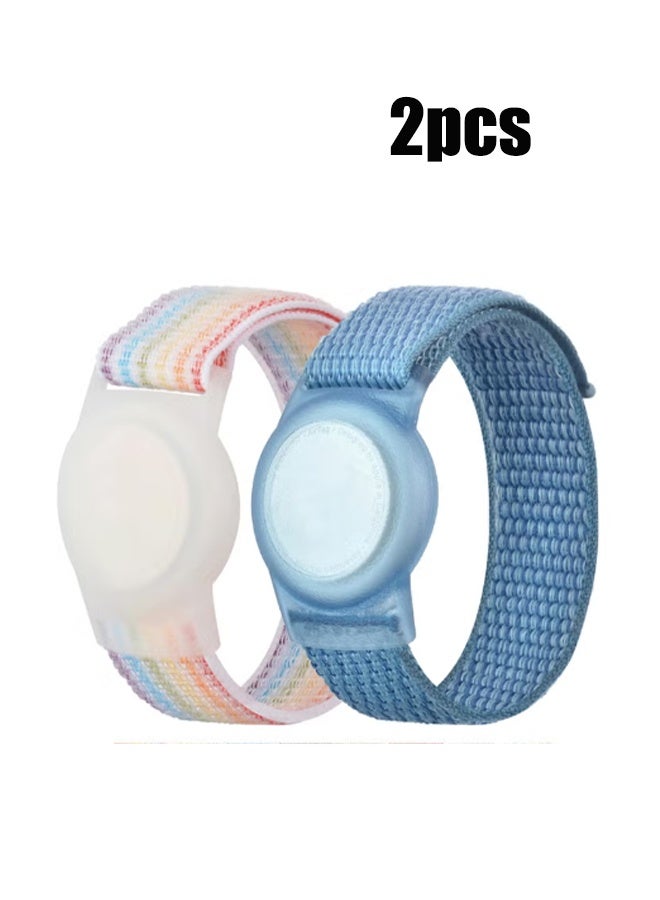 YJ 2 Pack AirTag Bracelet for Kids, Apple AirTag Case with Nylon Wristband, Anti-Lost GPS Tracker Case for Toddlers, Girls, Boys and Seniors Blue & Rainbow Colors - Image 1