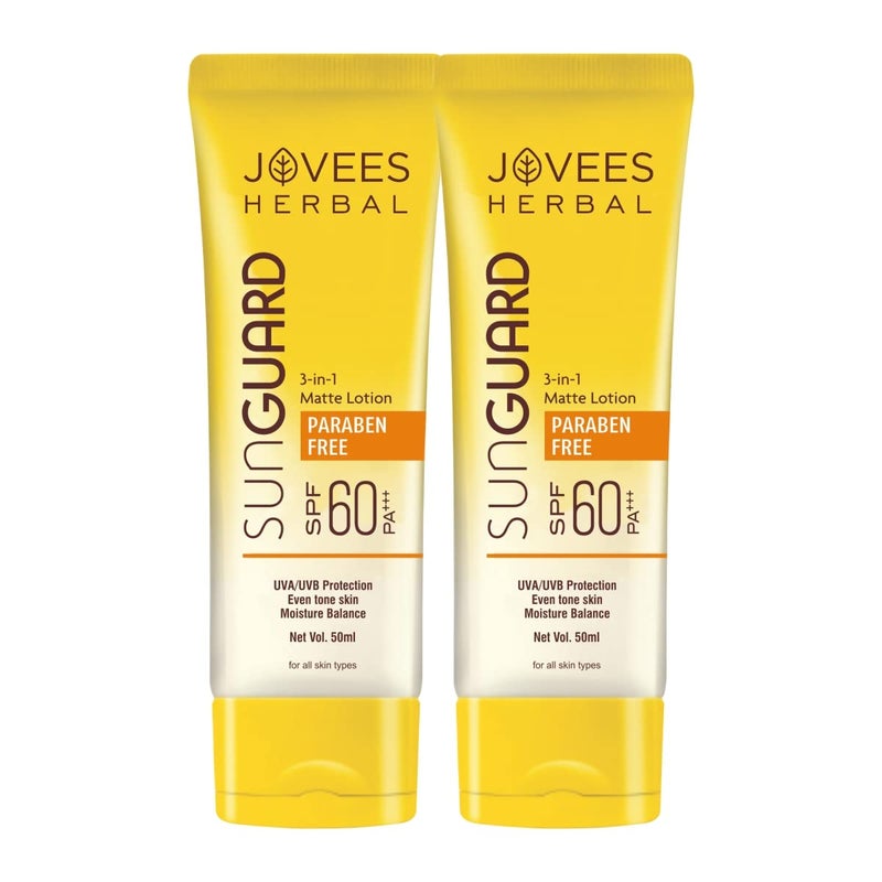 Jovees لوشن جوفيز العشبي لحماية الشمس SPF 60 با طيف واسع لجميع أنواع البشرة 3 في 1 لوشن غير لامع حماية UVA/UVB توازن الرطوبة لون بشرة موحد للنساء والرجال 50 مل عبوة من 2 - Image 1