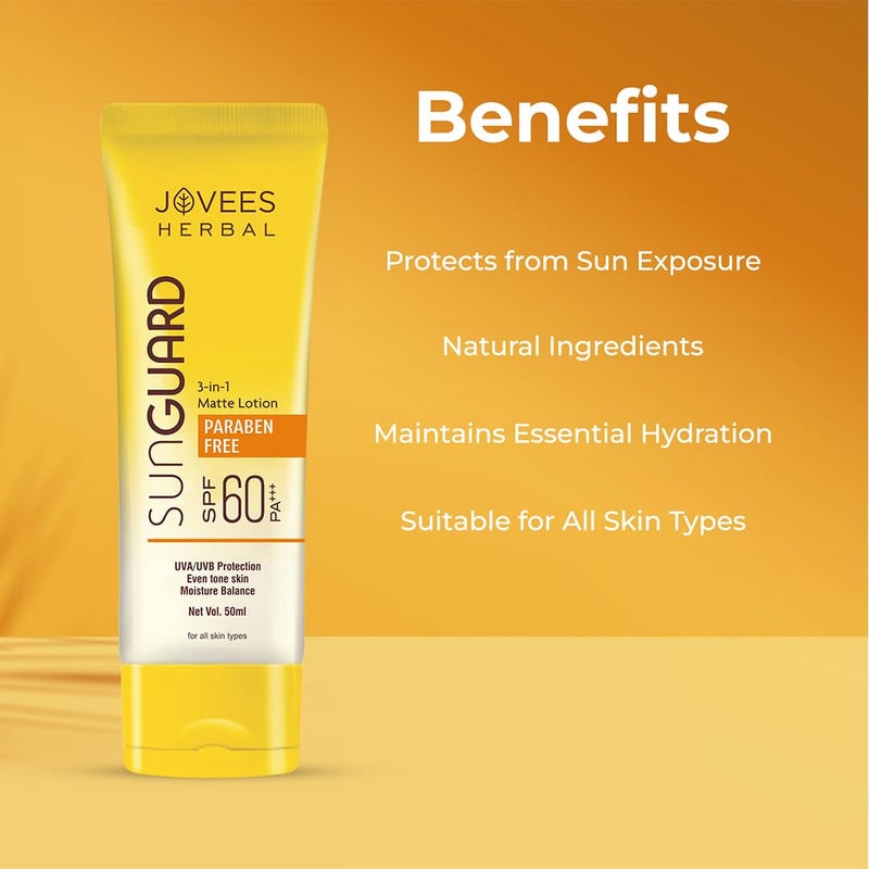 Jovees لوشن جوفيز العشبي لحماية الشمس SPF 60 با طيف واسع لجميع أنواع البشرة 3 في 1 لوشن غير لامع حماية UVA/UVB توازن الرطوبة لون بشرة موحد للنساء والرجال 50 مل عبوة من 2 - Image 4