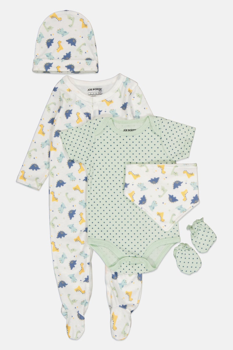Joe Boxer Toddlers Boy 5 Pieces Bodysuits, Romper, Hat, Bib And Mittens Set, Multicolor - Image 1