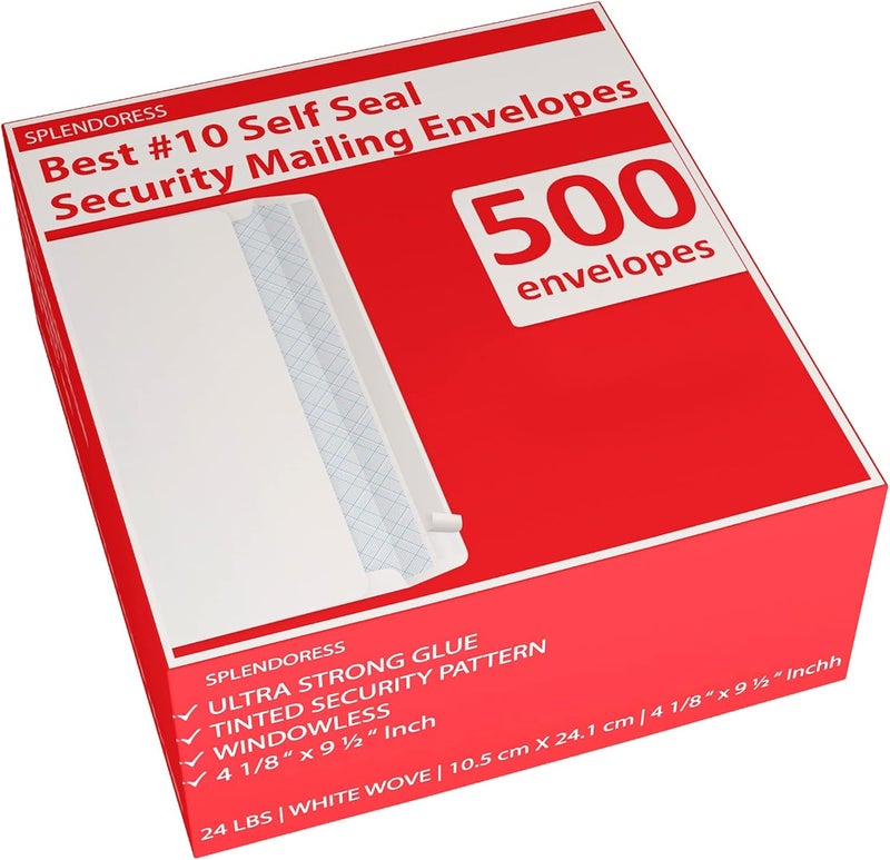 Splendoress #10 Envelopes Letter Size Self Seal | 500 Business Mailing Security Peel and Sealing Envelope | 100% Tinted | no 10 White Windowless Legal Regular Plain Envelops Pack | 4-1/8 x 9-1/2 Inches | 24 LB - Image 1