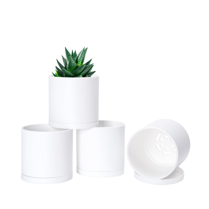 D'vine Dev 4 Pack 4 Inch Modern Plastic Plant Pots, Small Garden Planters for Plant with Drainage Holes and Saucers, White Color, 74-Z-E-2 - Image 1