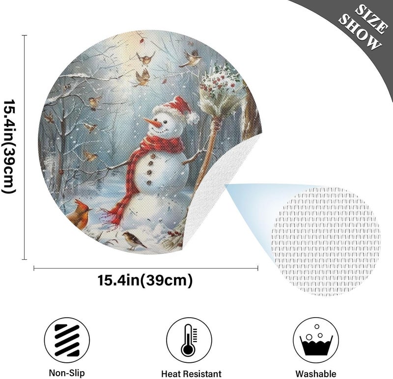Kcldeci Christmas Snowman Cardinal Round Placemats Set of 4 Table Placemats Xmas Trees New Year Snow Place Mats Tablemats 15 inch for Kitchen Dining Table Dinner Kids Holiday Party - Image 4