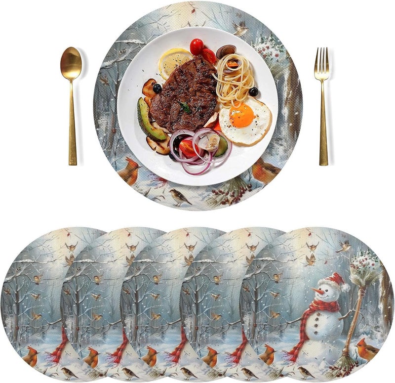 Kcldeci Christmas Snowman Cardinal Round Placemats Set of 4 Table Placemats Xmas Trees New Year Snow Place Mats Tablemats 15 inch for Kitchen Dining Table Dinner Kids Holiday Party - Image 3