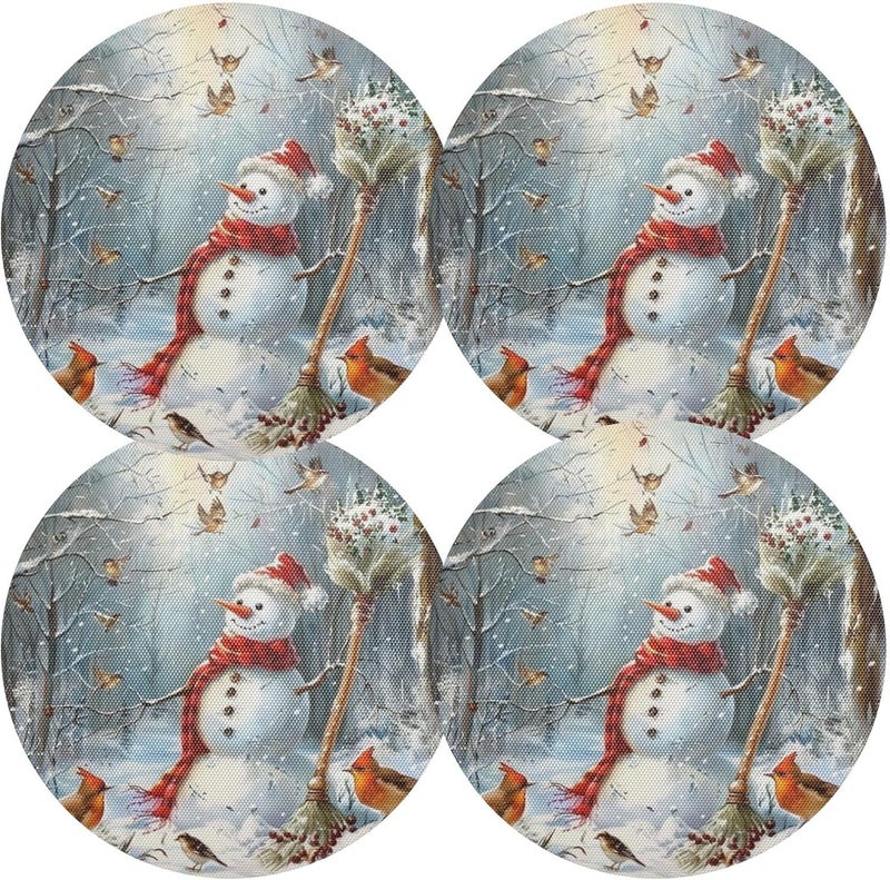 Kcldeci Christmas Snowman Cardinal Round Placemats Set of 4 Table Placemats Xmas Trees New Year Snow Place Mats Tablemats 15 inch for Kitchen Dining Table Dinner Kids Holiday Party - Image 2