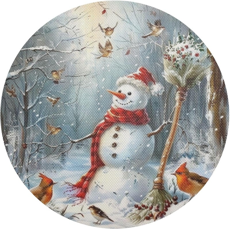 Kcldeci Christmas Snowman Cardinal Round Placemats Set of 4 Table Placemats Xmas Trees New Year Snow Place Mats Tablemats 15 inch for Kitchen Dining Table Dinner Kids Holiday Party - Image 1