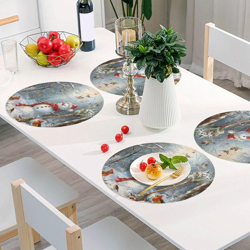 Kcldeci Christmas Snowman Cardinal Round Placemats Set of 4 Table Placemats Xmas Trees New Year Snow Place Mats Tablemats 15 inch for Kitchen Dining Table Dinner Kids Holiday Party - Image 5