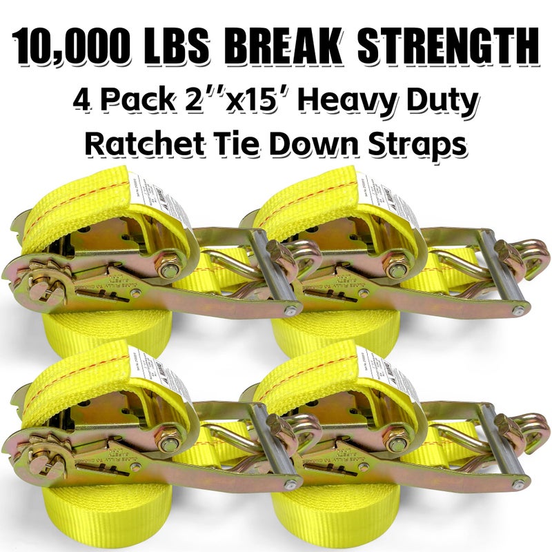 KJE Ratchet Straps Heavy Duty(4 Pack), 2" x 15' Ratchet Strap 10,000 Lbs Max Break Strength, Tie Down Ratcheting with J-Hook, Cargo Straps for Truck, Trailer, Moving Appliances - Image 2