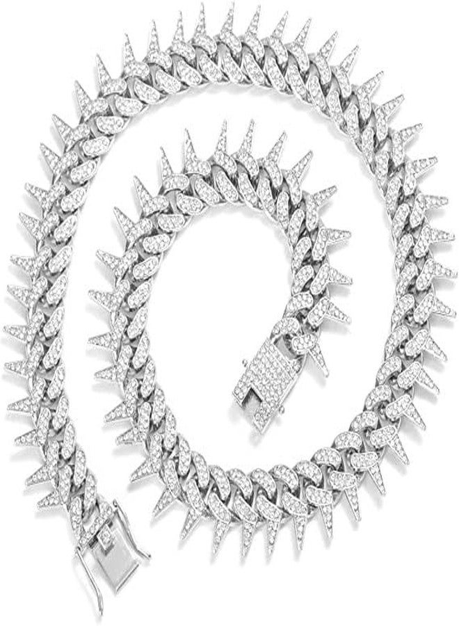 VIEN® Mc Stan Style Cuban Link Chain for Men,Women Chain Miami Necklace Iced Out Cubic Zirconia Sterling Silver Plated SS Chain (SILVER) - Image 1