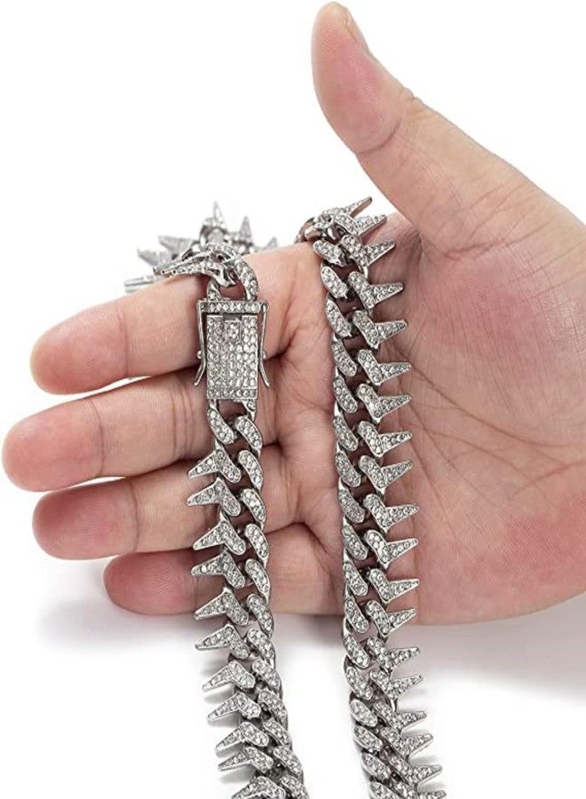 VIEN® Mc Stan Style Cuban Link Chain for Men,Women Chain Miami Necklace Iced Out Cubic Zirconia Sterling Silver Plated SS Chain (SILVER) - Image 3