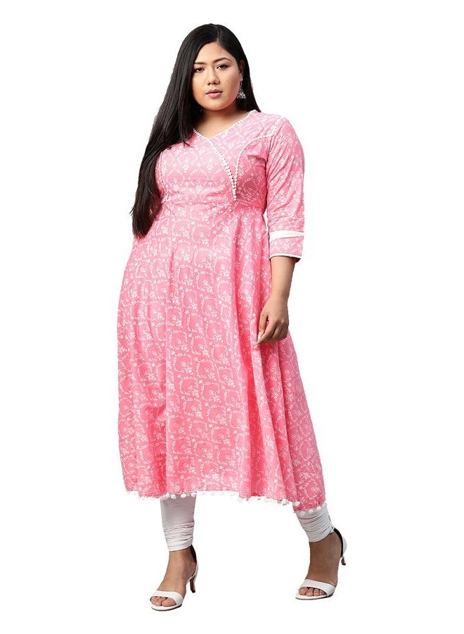 Yash Gallery Women's Pink Printed Anarkali Kurta with V-Neck, Lace Detailing, 3/4 Sleeves, Flared Hem & Cotton Blend Fabric – Comfortable Daily Wear - Image 2