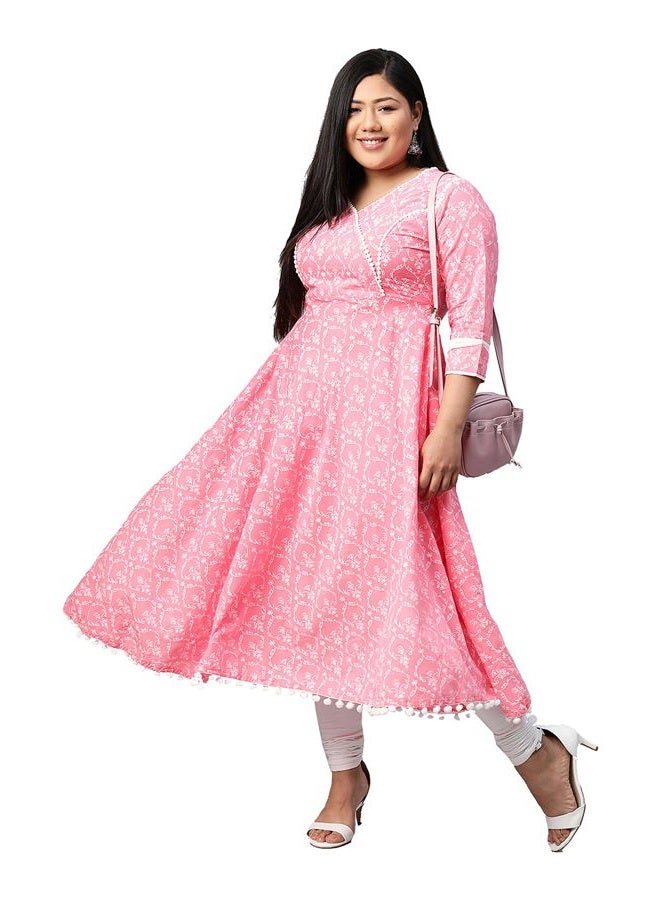 Yash Gallery Women's Pink Printed Anarkali Kurta with V-Neck, Lace Detailing, 3/4 Sleeves, Flared Hem & Cotton Blend Fabric – Comfortable Daily Wear - Image 3