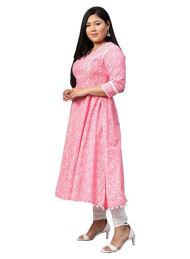 Yash Gallery Women's Pink Printed Anarkali Kurta with V-Neck, Lace Detailing, 3/4 Sleeves, Flared Hem & Cotton Blend Fabric – Comfortable Daily Wear - Image 1