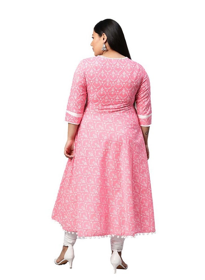 Yash Gallery Women's Pink Printed Anarkali Kurta with V-Neck, Lace Detailing, 3/4 Sleeves, Flared Hem & Cotton Blend Fabric – Comfortable Daily Wear - Image 4