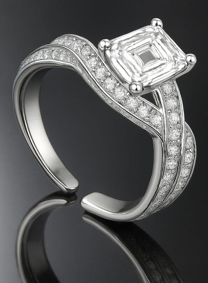""Aura of Luxury"" Ring - An Eye-Catching Design Shine an unforgettable look with this luxurious ring, which combines boldness and sophistication. A square-cut center stone sits atop an elegant base, surrounded by intricate details on the band, studded with tiny stones that add a subtle sparkle. Its distinctive design offers the perfect balance between luxury and modernity, making it a standout piece for every occasion." - Image 5