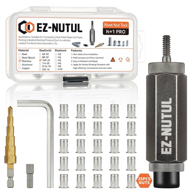 EZ-NUTUL مجموعة أدوات تركيب صمولة ريفيت رأس مسطح ريفنوت مجموعة صمولة مدخلة ملولبة SAE وميترية للمعادن الثقيلة مطلية بالزنك (10-24 (أداة صمولة ريفيت - 25 قطعة، ستانلس)) - Image 1