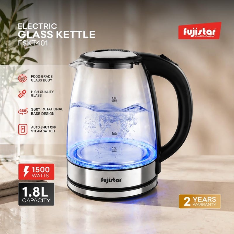 Fujistar Electric Glass Kettle FSKT401, 1.8L, 1500W, Borosilicate Glass, Auto Shut-Off, 360° Rotational Base, Silver/Black - Image 1