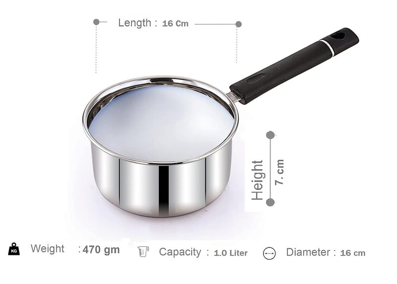 KLASSI KICHEN 1 Litre Tpan Stainless Steel Tea Pan Induction Sauce Pan Chai Pan Small Pan Silver - Image 2