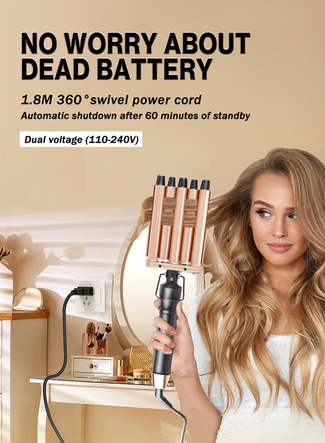 DSP 5 Barrel Curling Iron,Ceramic Tourmaline Hair Waver Wand with Adjustable 12-LCD Temp Control, 60 Mins Auto Switch-Off,Dual Voltage Hair Waver for All Hair Type (Gold) - Image 2