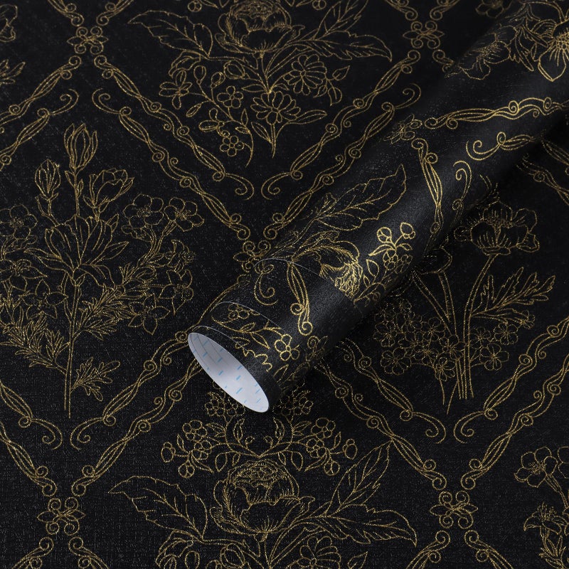 Toduso Peel and Stick Wallpaper Vintage Wall Paper Boho Contact Paper Black and Gold Floral Removable Wallpaper for Bathroom Bedroom Flower Waterproof Self Adhesive Vinyl Drawer Decor 17.3"x78.7" - Image 1