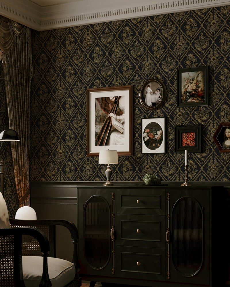 Toduso Peel and Stick Wallpaper Vintage Wall Paper Boho Contact Paper Black and Gold Floral Removable Wallpaper for Bathroom Bedroom Flower Waterproof Self Adhesive Vinyl Drawer Decor 17.3"x78.7" - Image 4