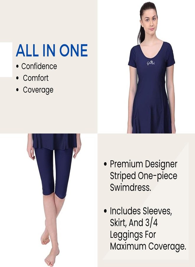 FILMAX® Originals Women's Solid One-Piece Freely with Sleeve & 3/4 Legs in Skirted Swim Dress (Navy Blue & Navy Blue_5XL) - Image 5