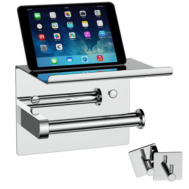 Tindbea Tindbea Mega Size Toilet Paper Holder with Shelf + Towel Robe Hooks  Adhesive or Screw Wall Mounted Toilet Paper Roll Holder  Stainless Steel Bathroom Hardware Set (Polished Chrome) 