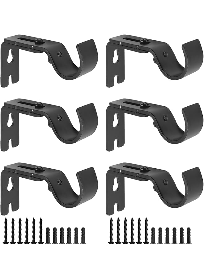 erorex 6 Pcs Adjustable Curtain Rod Brackets for 1 Inch Rod, Heavy Duty Curtain Rod Holder Wall Bracket Hooks Drapery Rod Holder Support Hanger with Screws, Black 