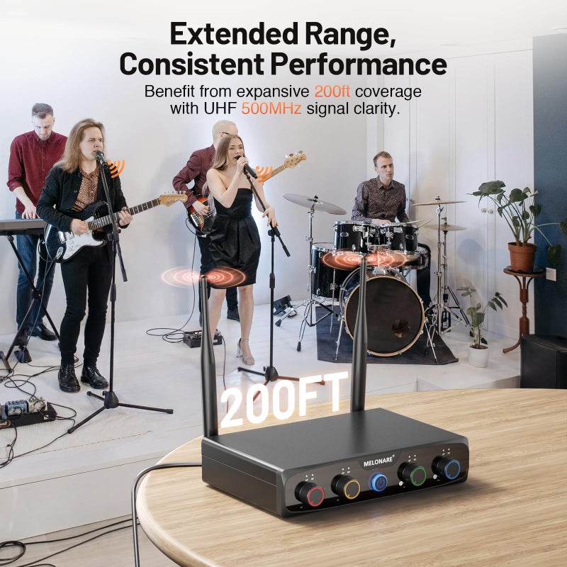 MELONARE 4-Channel Wireless Microphone System, UHF Compact Cordless Mic Set w/ 4x10 Frequencies, 200ft Range, Dynamic Handheld Microphone for Singing, Karaoke, Church, DJ, Wedding (MWM-41-4H) - Image 3