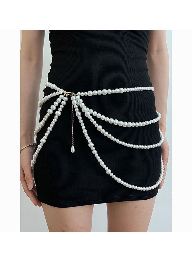Multi Layered Long Metal Big Pearl Waist Chain Belt Trendy Pearl Waistband White Pearl Tassel Hip Belly Body Chain Festival Rave Waist Belt Sweater Dress Pearl Belt for Women (Gold) - Image 5
