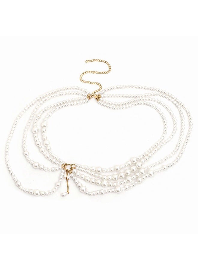 Multi Layered Long Metal Big Pearl Waist Chain Belt Trendy Pearl Waistband White Pearl Tassel Hip Belly Body Chain Festival Rave Waist Belt Sweater Dress Pearl Belt for Women (Gold) - Image 1