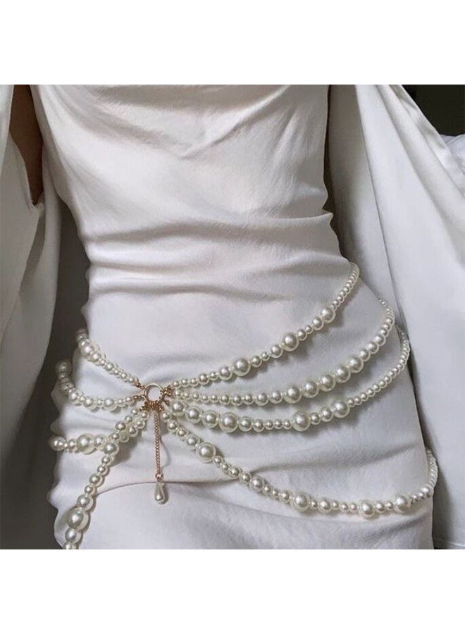 Multi Layered Long Metal Big Pearl Waist Chain Belt Trendy Pearl Waistband White Pearl Tassel Hip Belly Body Chain Festival Rave Waist Belt Sweater Dress Pearl Belt for Women (Gold) - Image 3