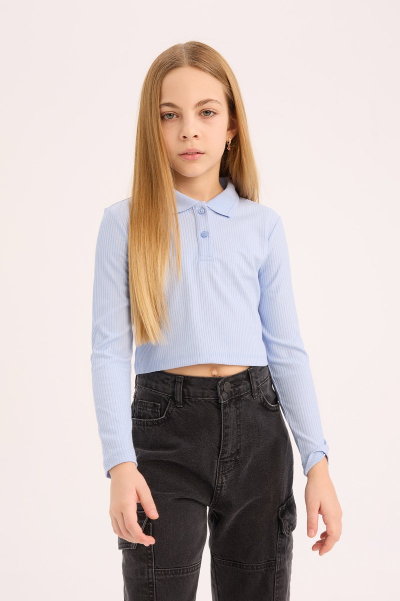 DeFacto Blue Girl Girl Slim Fit Ribbed Long Sleeve Polo T-Shirt Casual - Image 1